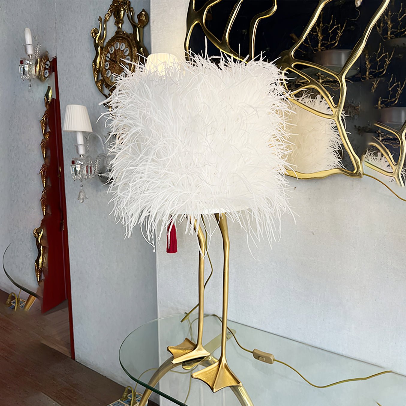 Antique Brass Duck Feet Table Lamp with Natural Feather Shade for Bedroom Decor