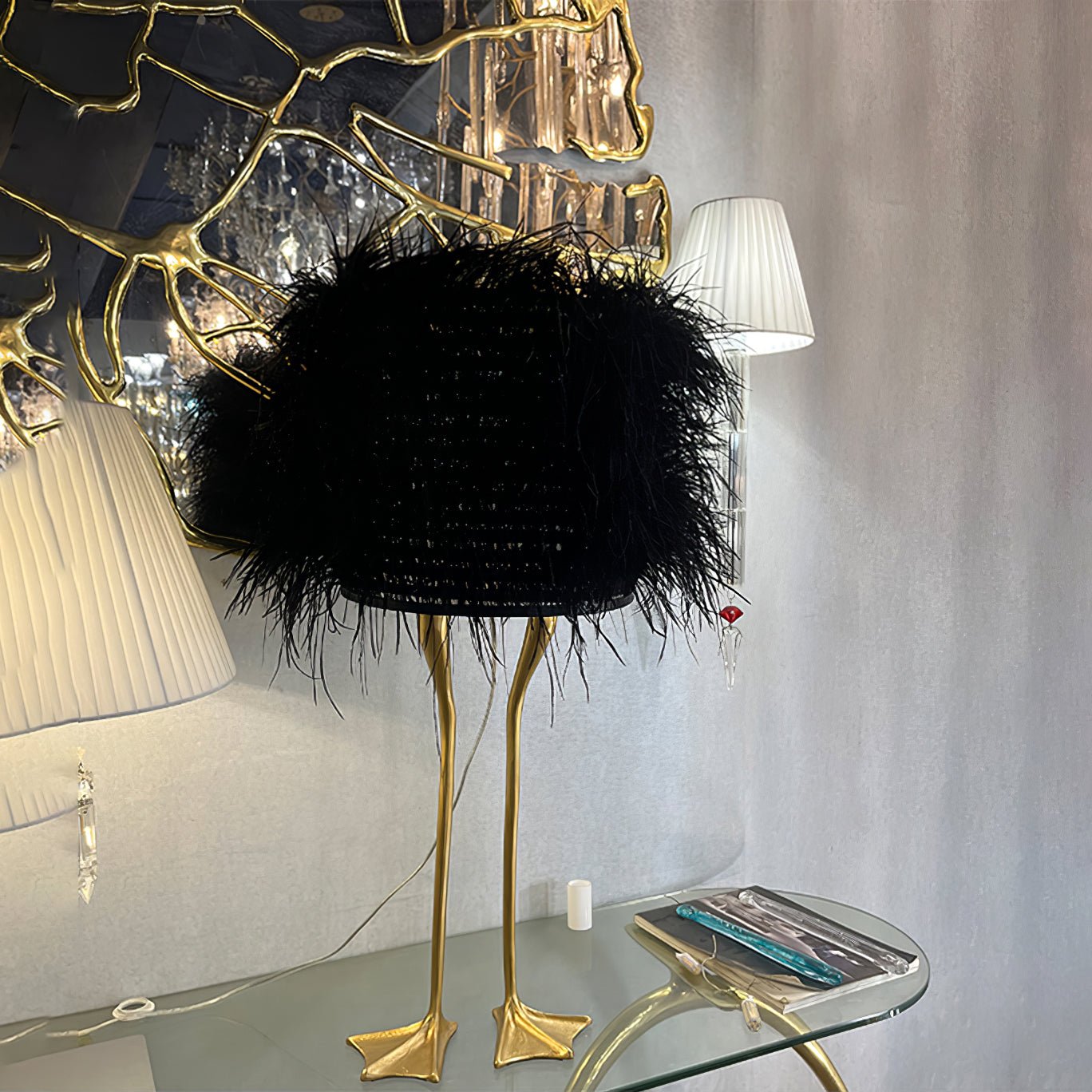 Antique Brass Duck Feet Table Lamp with Natural Feather Shade for Bedroom Decor