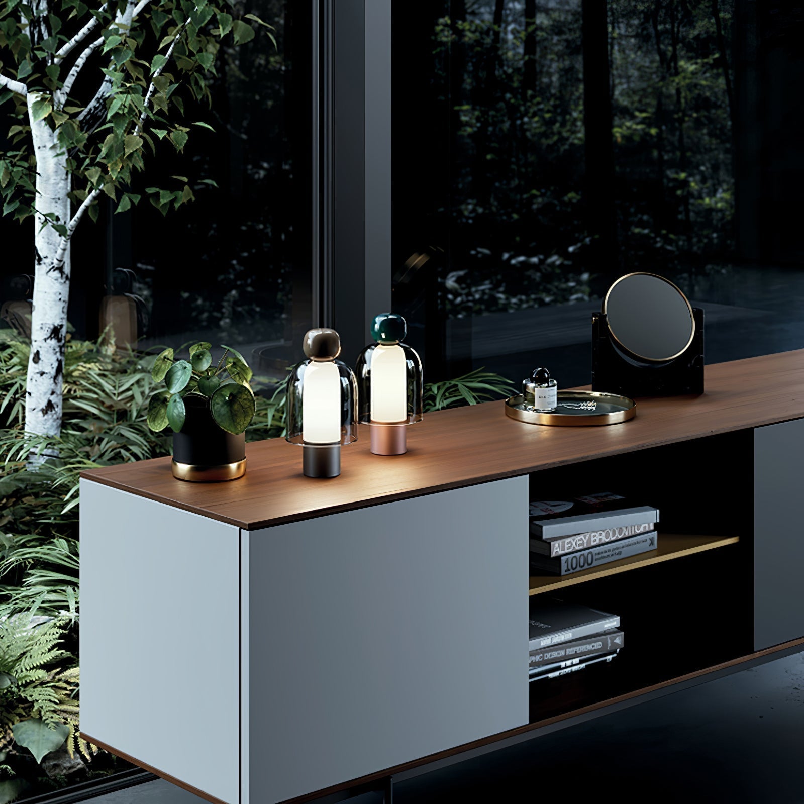 Portable Rechargeable LED Table Lamp with Smoke Grey Glass Shade for Modern Bedrooms