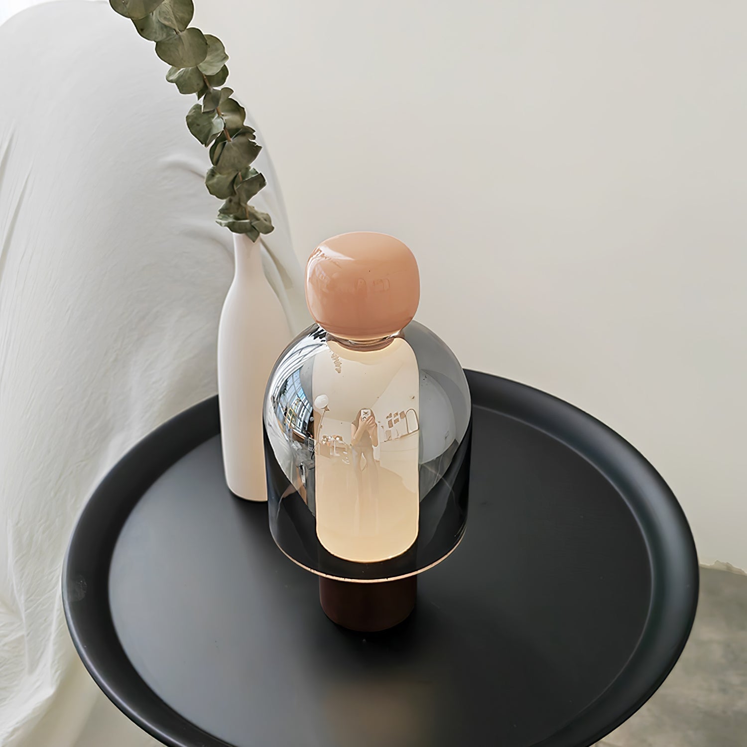 Portable Rechargeable LED Table Lamp with Smoke Grey Glass Shade for Modern Bedrooms