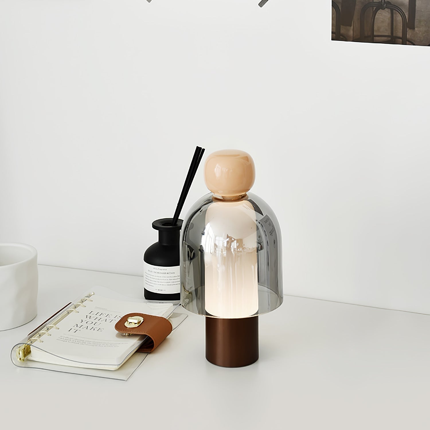 Portable Rechargeable LED Table Lamp with Smoke Grey Glass Shade for Modern Bedrooms