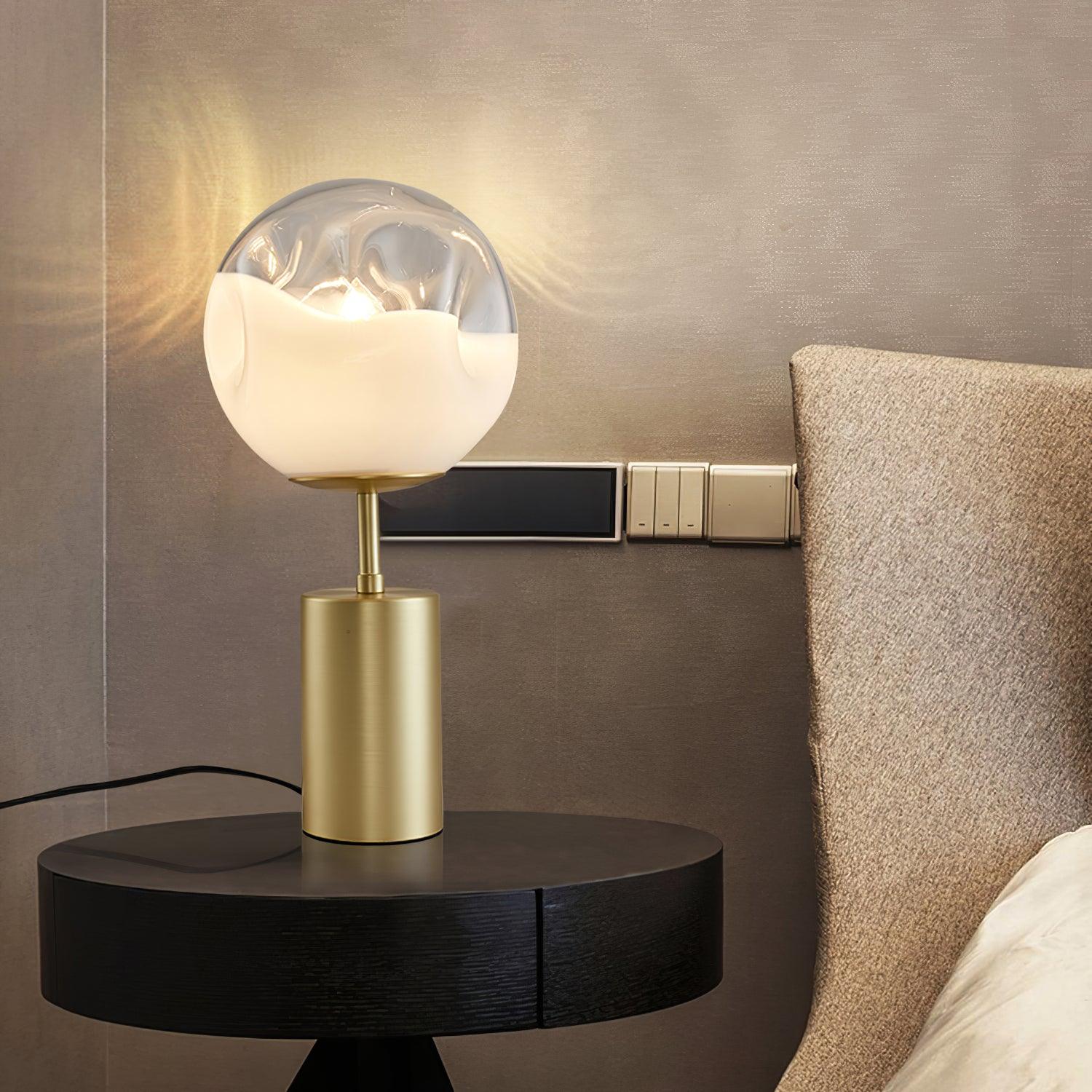 Modern Gold Metal Table Lamp with White Glass Sphere Shade for Bedside and Desk Lighting
