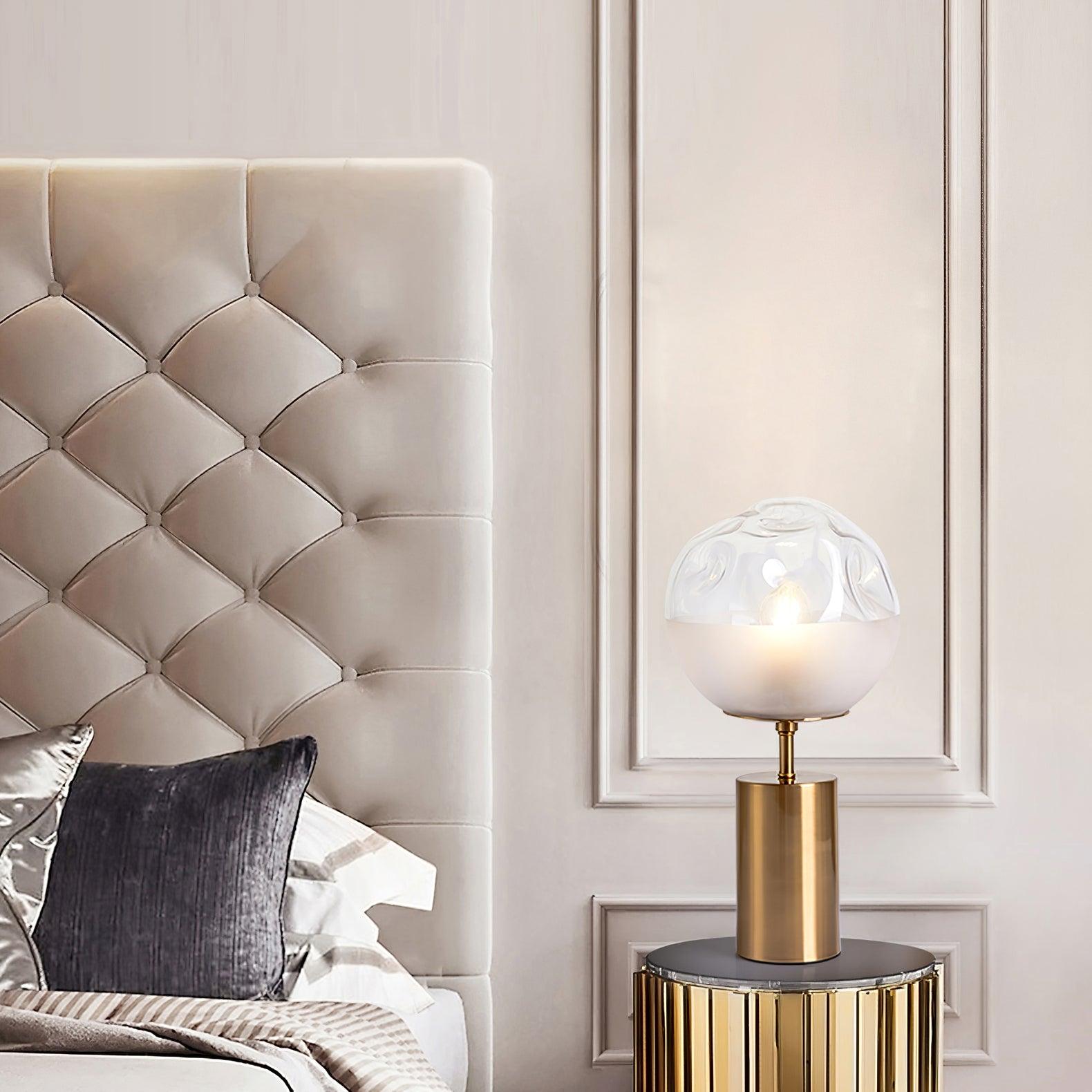 Modern Gold Metal Table Lamp with White Glass Sphere Shade for Bedside and Desk Lighting