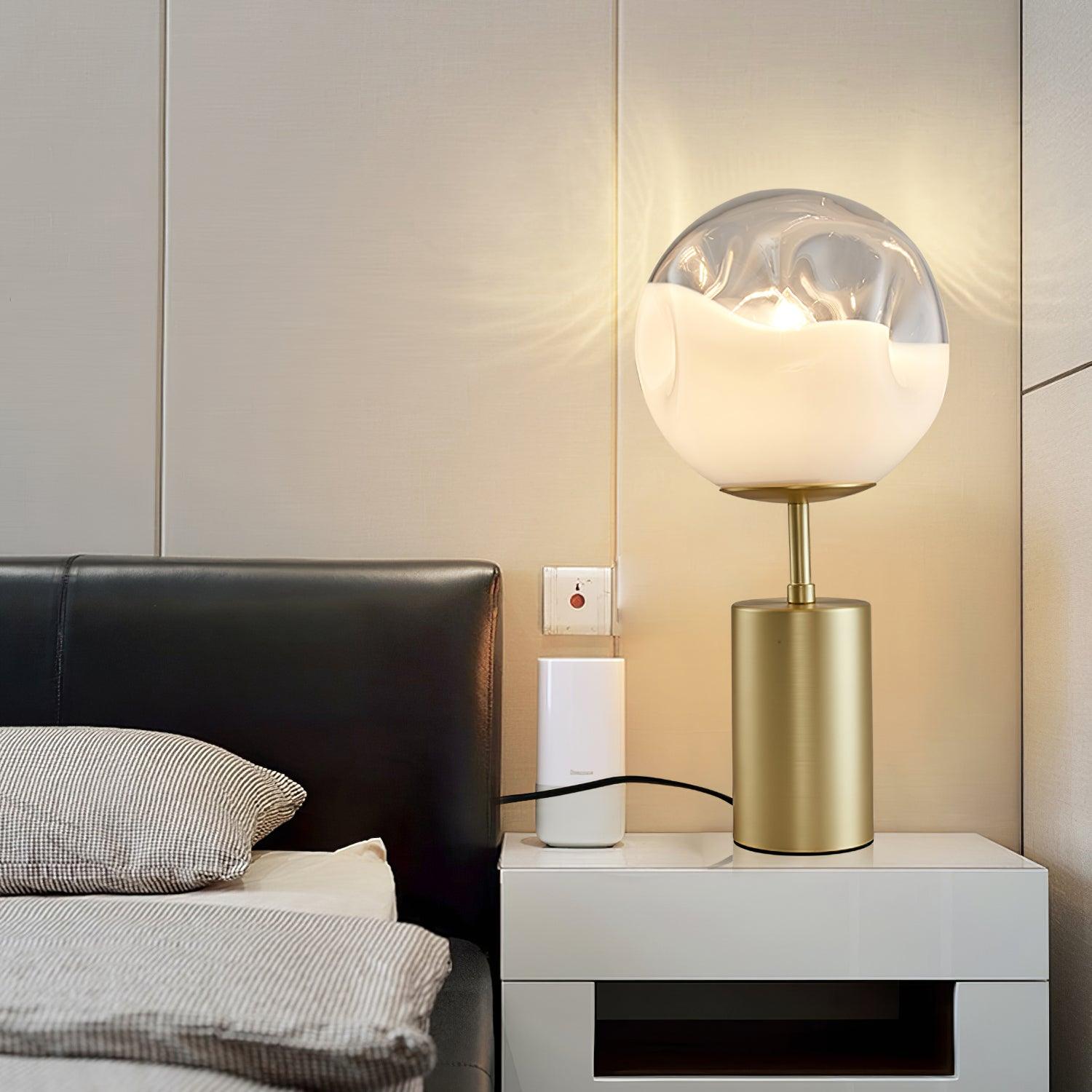 Modern Gold Metal Table Lamp with White Glass Sphere Shade for Bedside and Desk Lighting