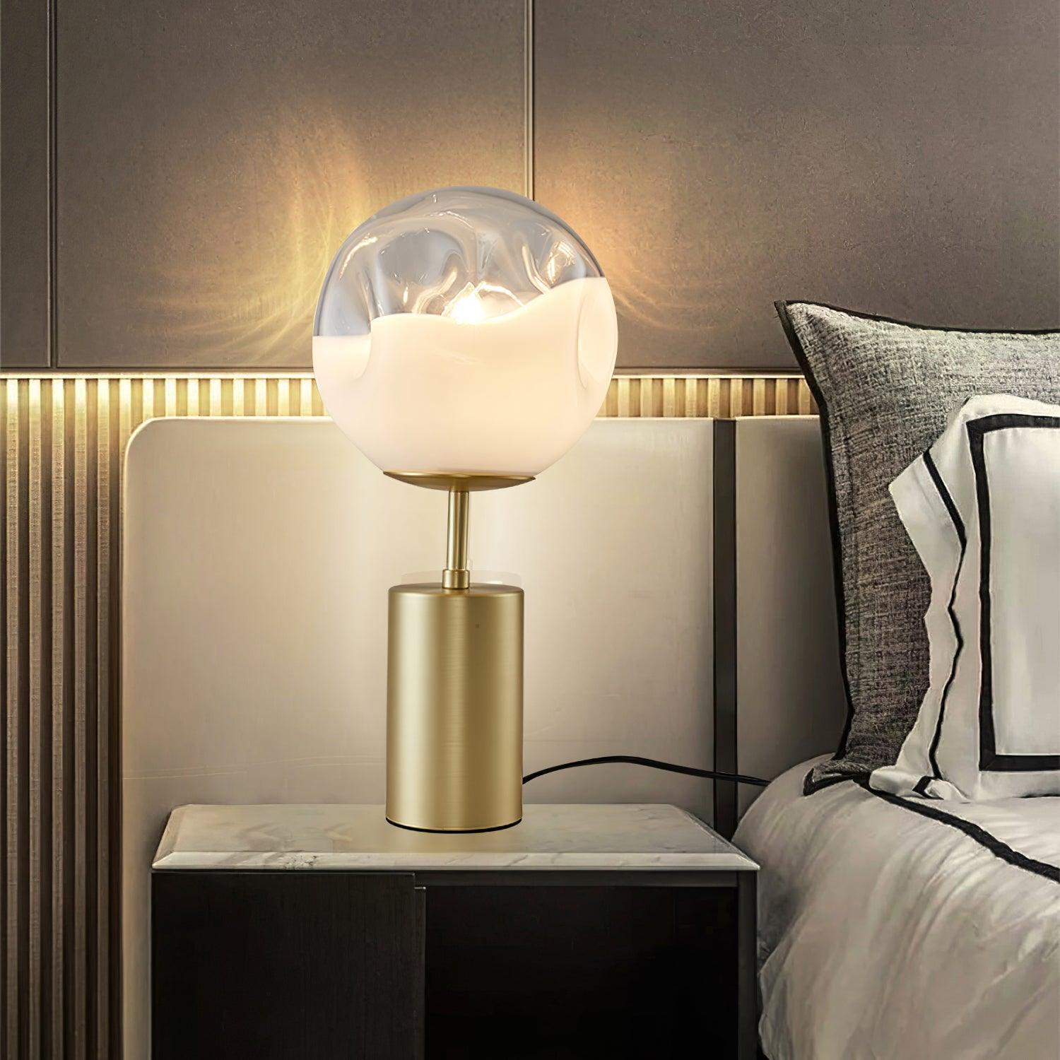 Modern Gold Metal Table Lamp with White Glass Sphere Shade for Bedside and Desk Lighting