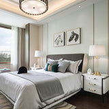 Elegant Modern Gold Bedside Table Lamp with White Linen Shade and Glass Base