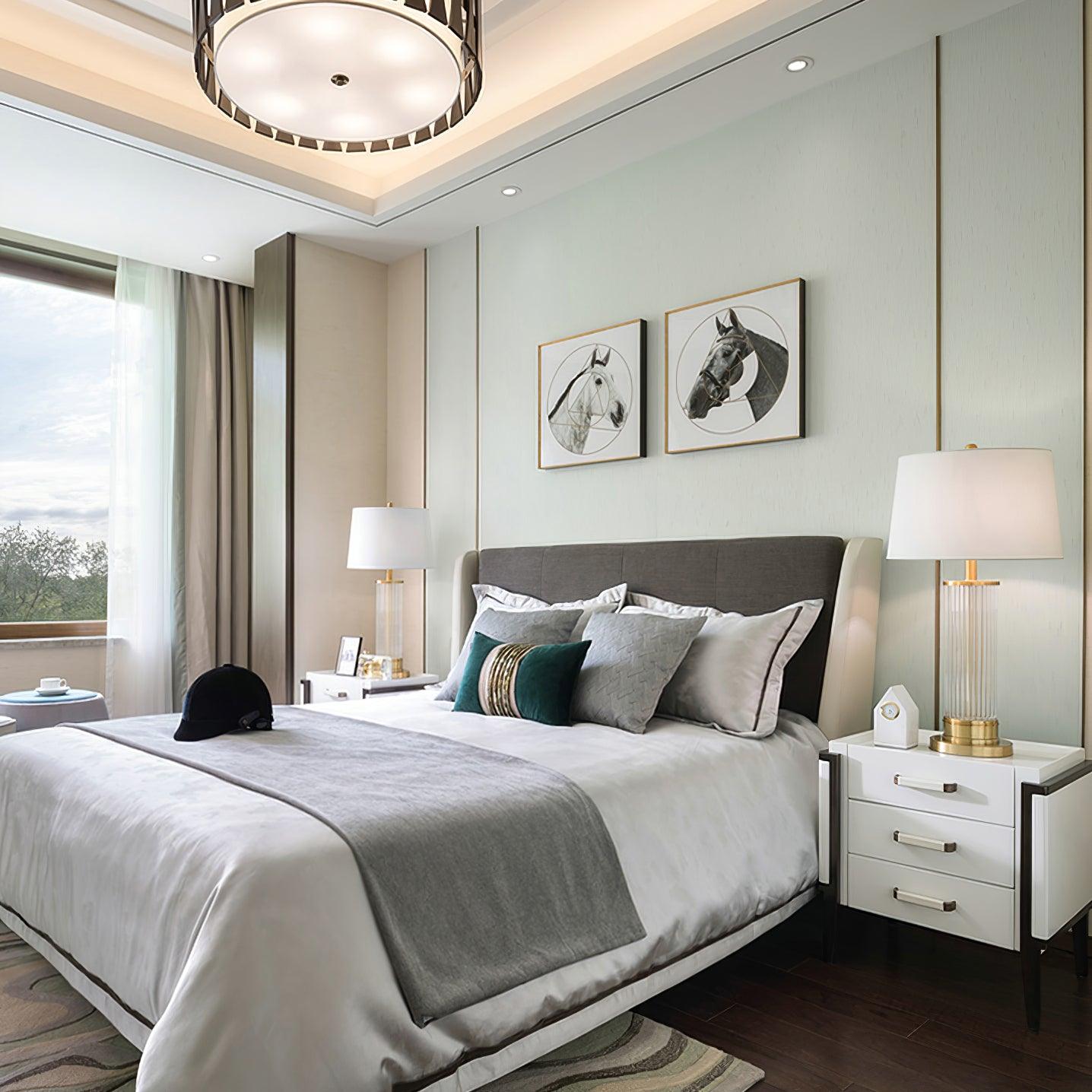 Elegant Modern Gold Bedside Table Lamp with White Linen Shade and Glass Base