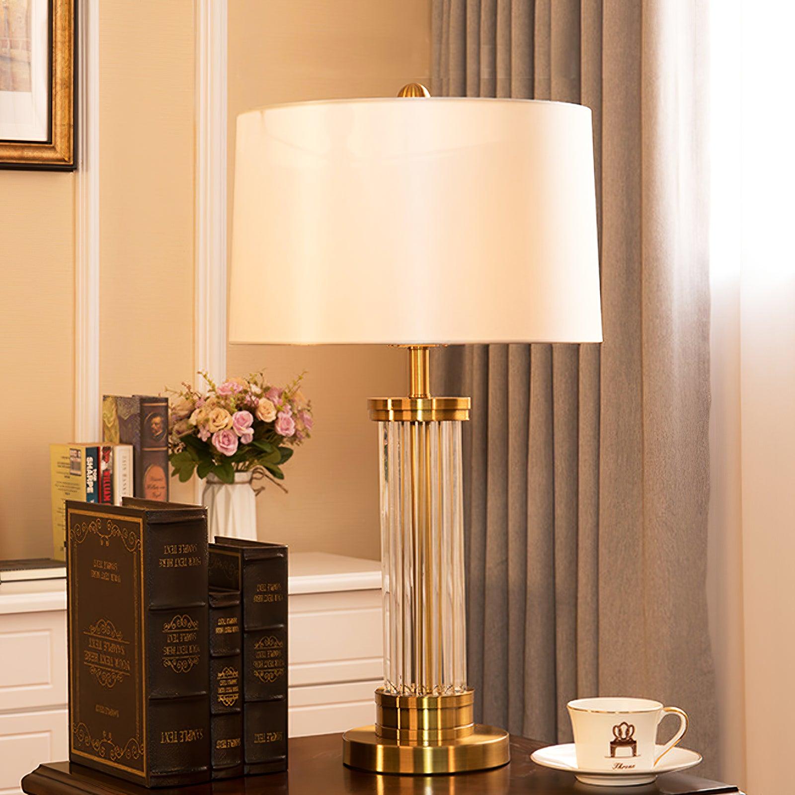 Elegant Modern Gold Bedside Table Lamp with White Linen Shade and Glass Base