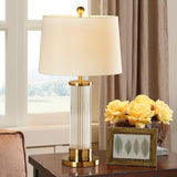 Elegant Modern Gold Bedside Table Lamp with White Linen Shade and Glass Base