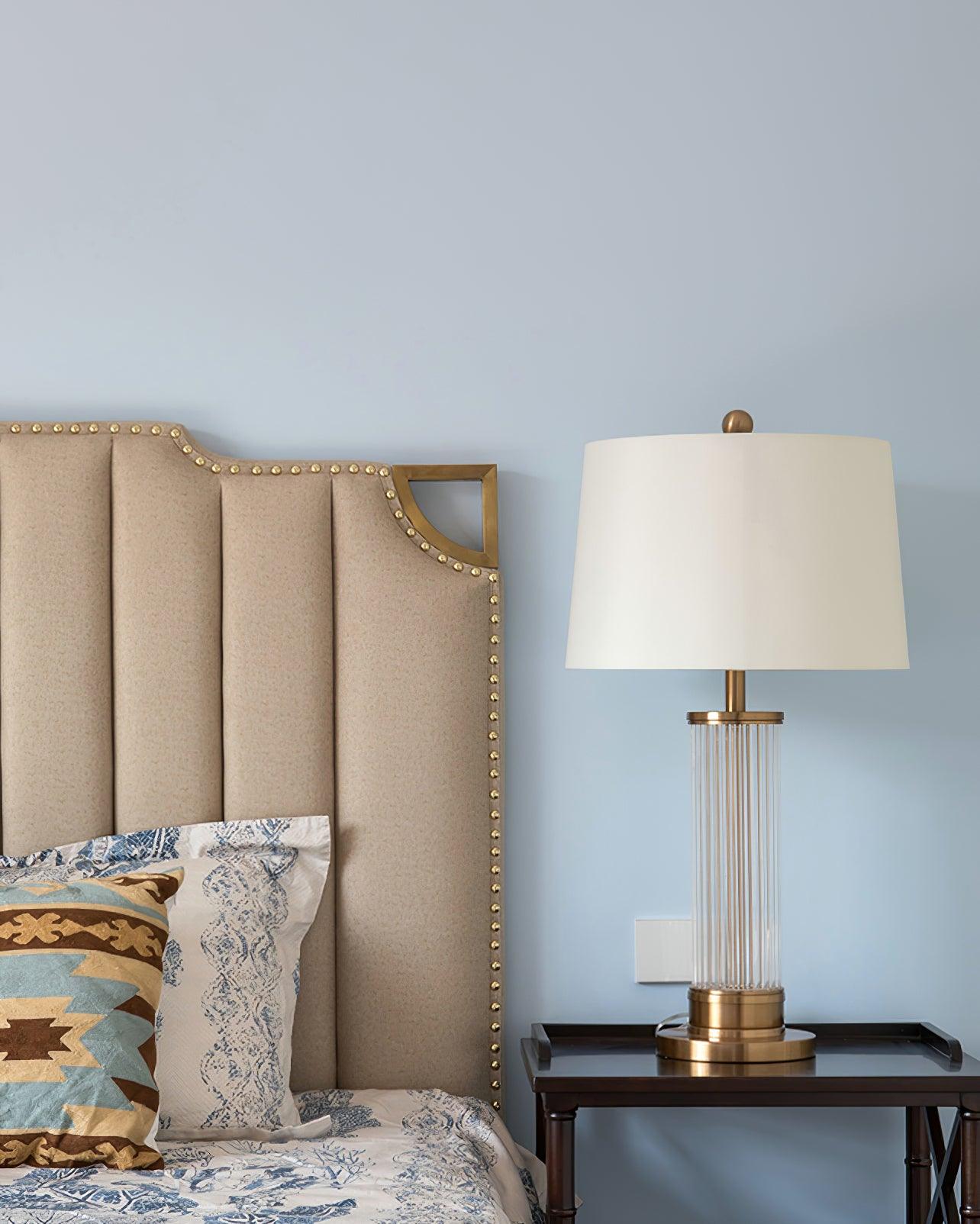 Elegant Modern Gold Bedside Table Lamp with White Linen Shade and Glass Base