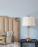 Elegant Modern Gold Bedside Table Lamp with White Linen Shade and Glass Base