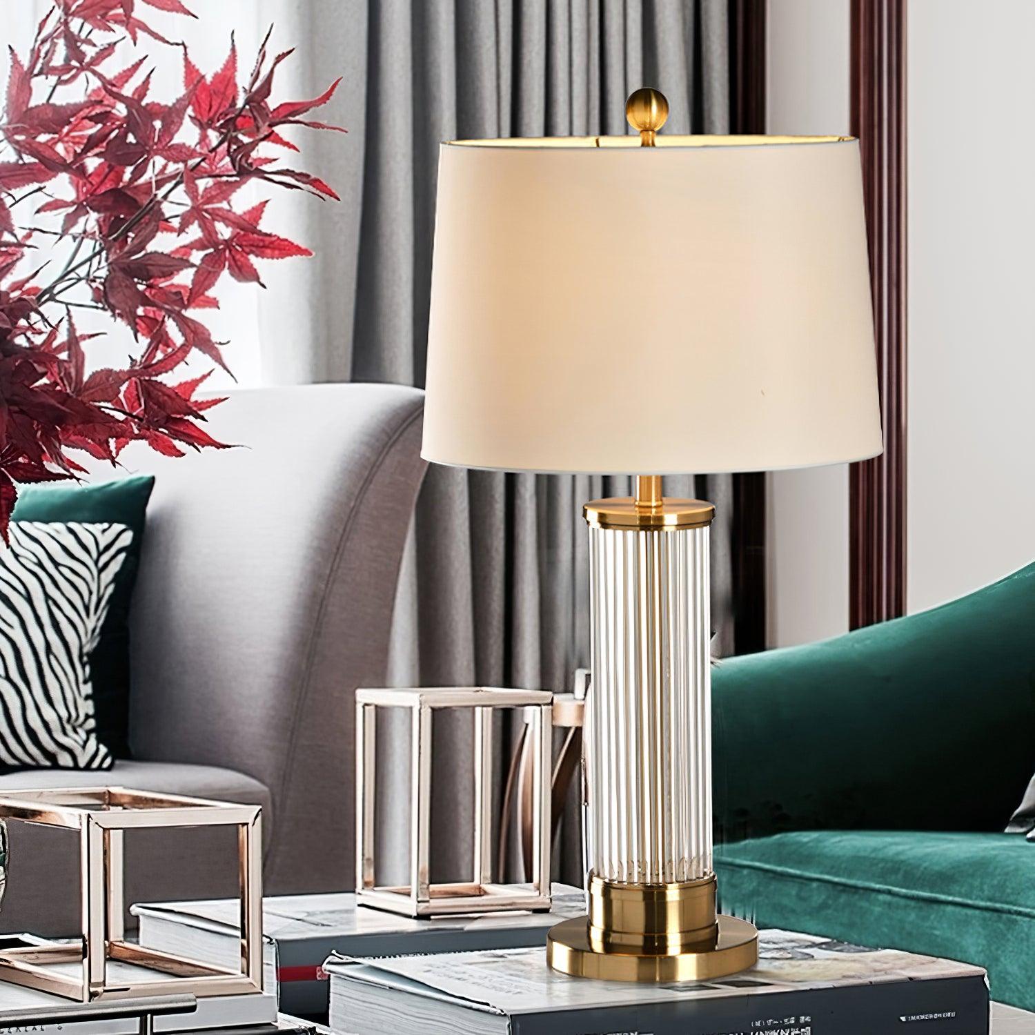 Elegant Modern Gold Bedside Table Lamp with White Linen Shade and Glass Base