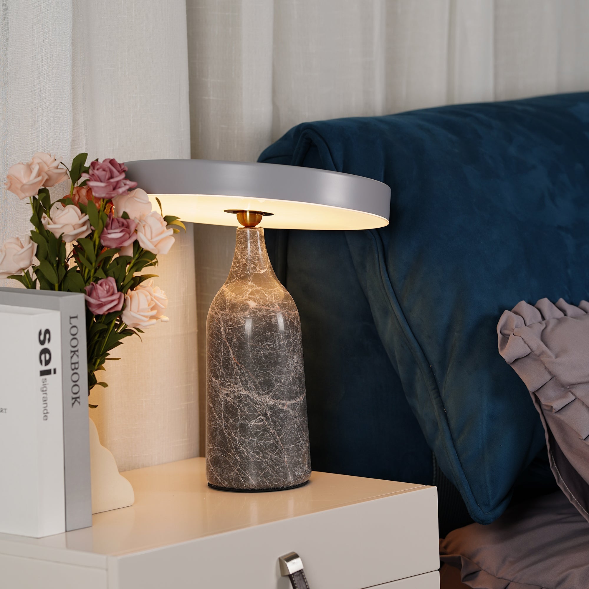 Eddy Modern Marble Base Table Lamp with Adjustable Steel Shade and Integrated LED