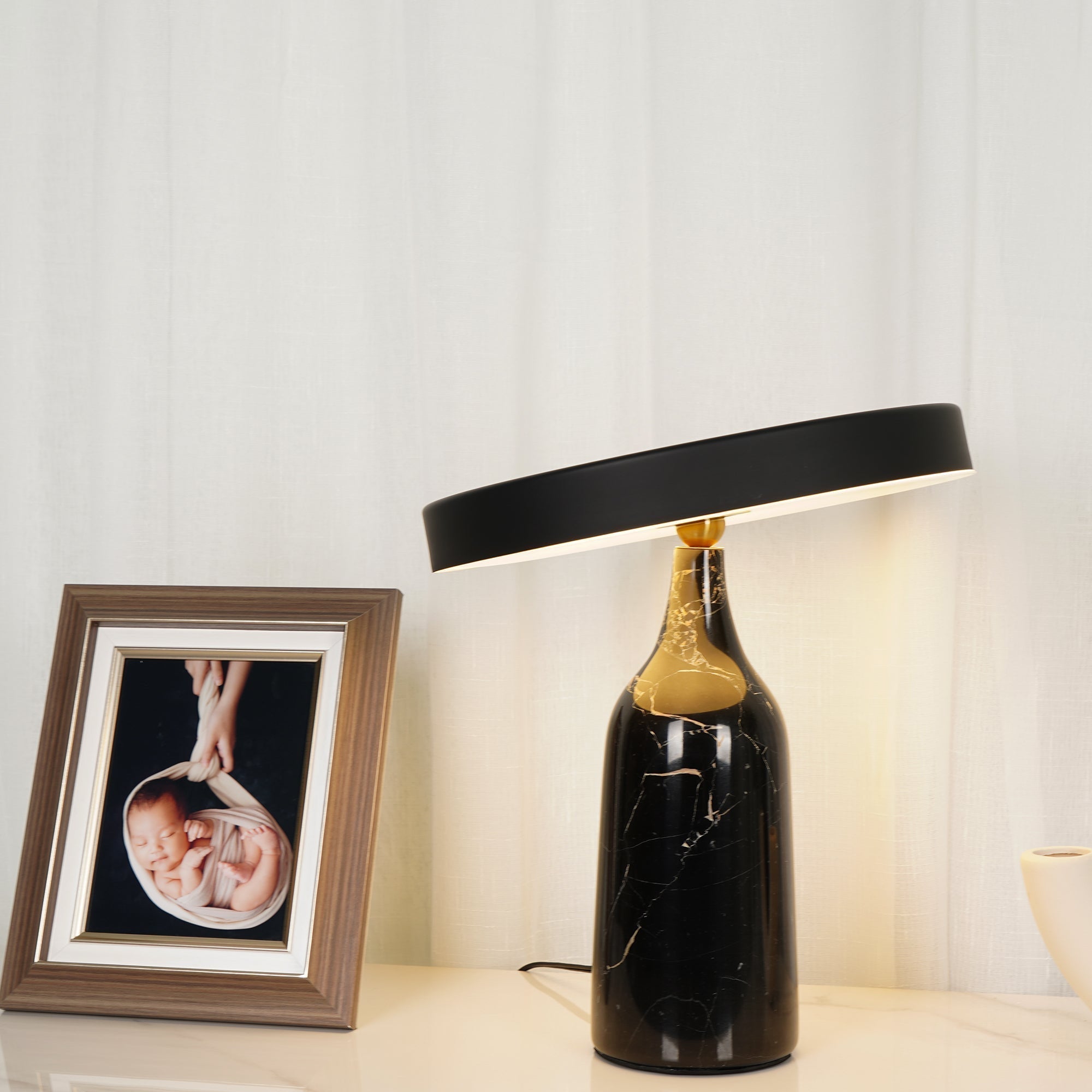 Eddy Modern Marble Base Table Lamp with Adjustable Steel Shade and Integrated LED