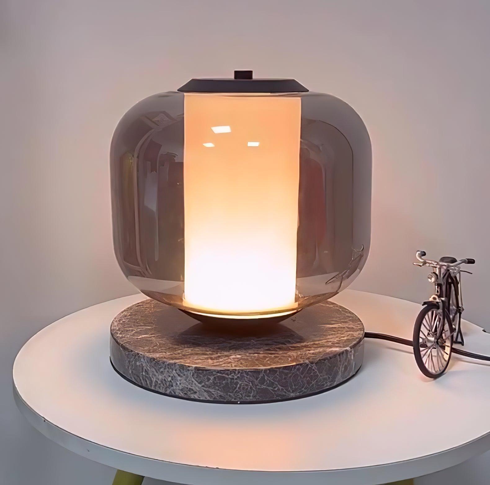Modern Marble Table Lamp with Smoke Gray Glass Shade Contemporary Bedside Reading Light