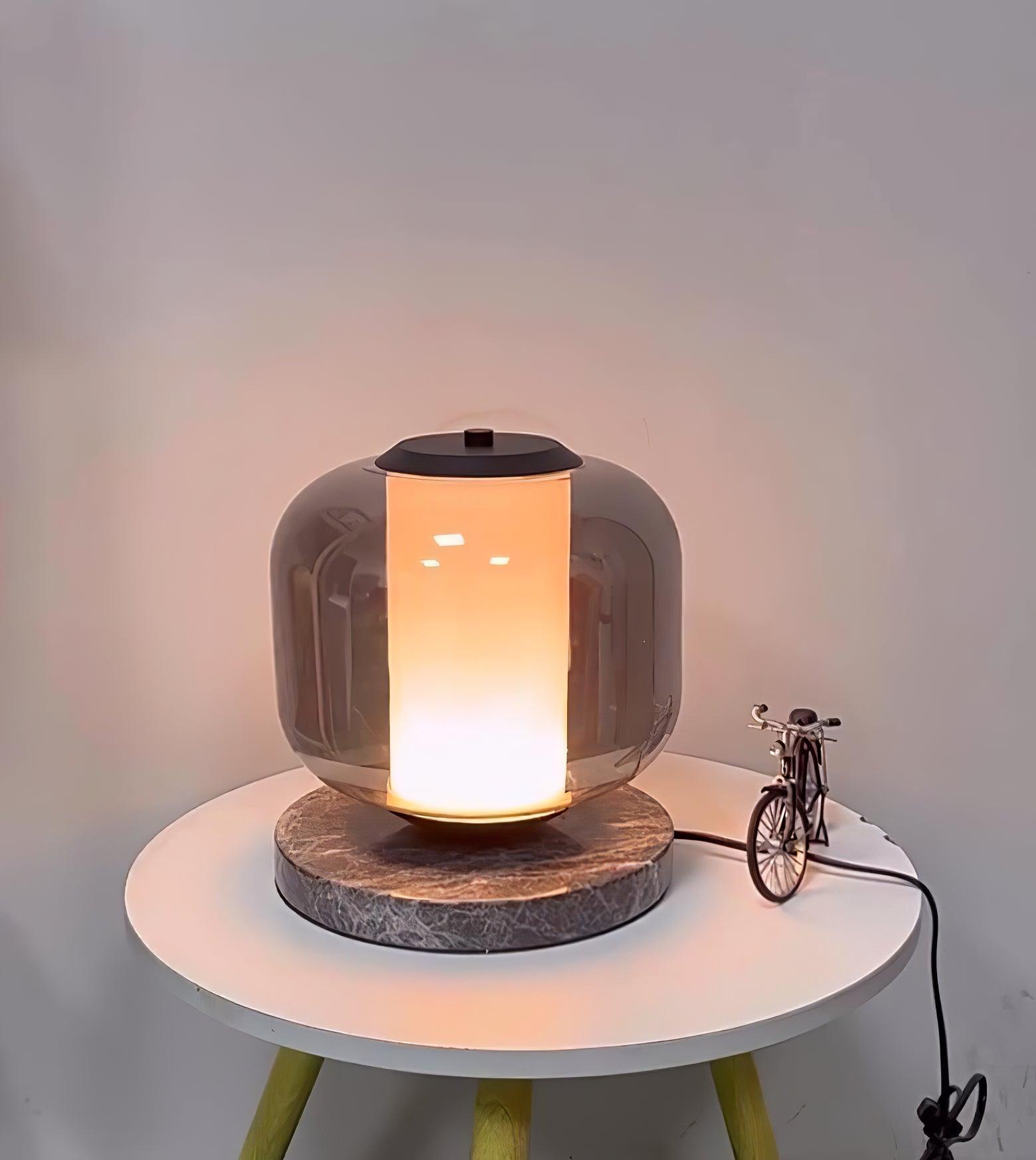 Modern Marble Table Lamp with Smoke Gray Glass Shade Contemporary Bedside Reading Light
