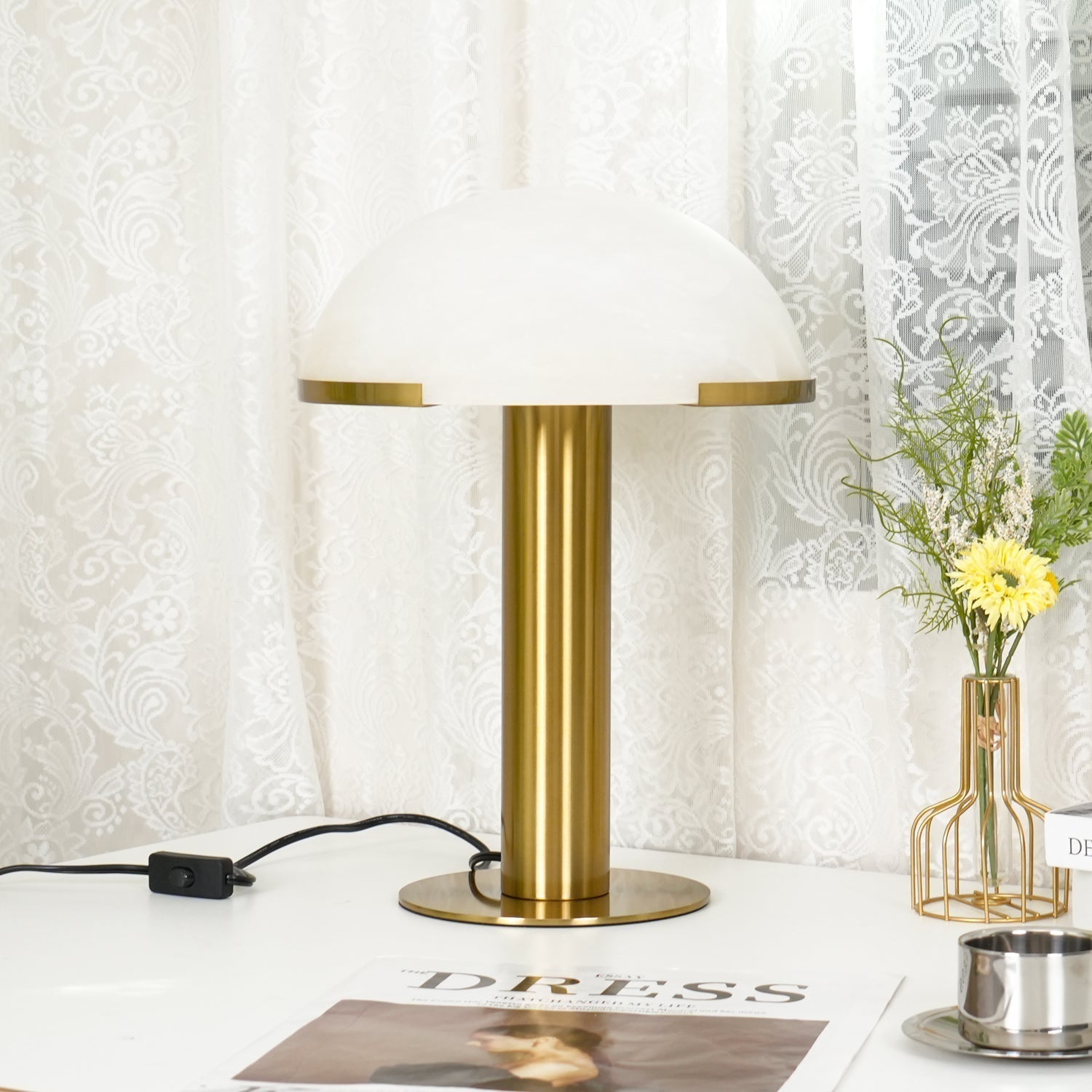 Contemporary Alabaster Stone Table Lamp with Bronze Finish for Luxury Bedroom and Office Lighting