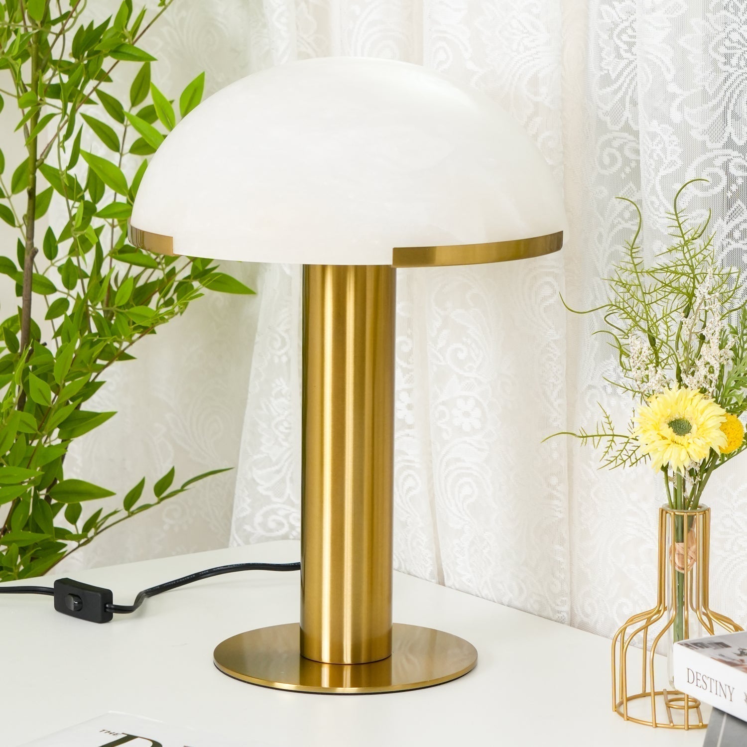 Contemporary Alabaster Stone Table Lamp with Bronze Finish for Luxury Bedroom and Office Lighting