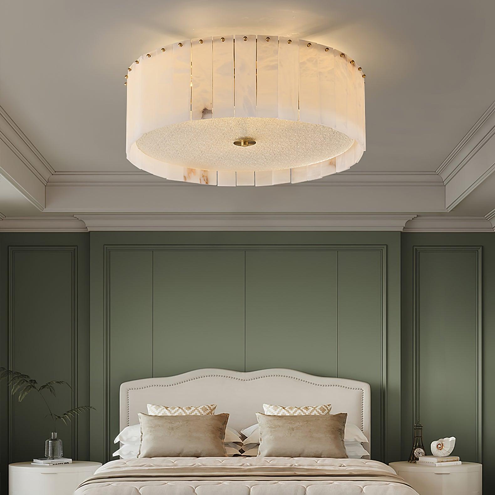 Luxury Elysian Natural Alabaster Flush Mount Ceiling Light with Brass Detailing and Glass Diffuser