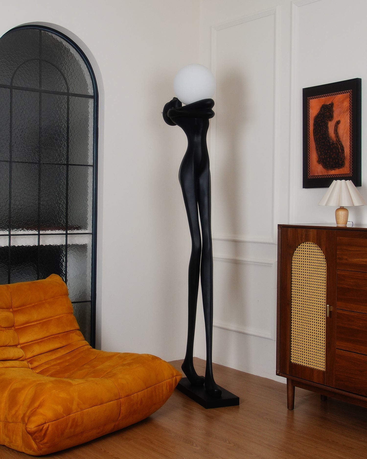 Modern Artistic Figure Floor Lamp with White Glass Globe Sculpture Standing Light