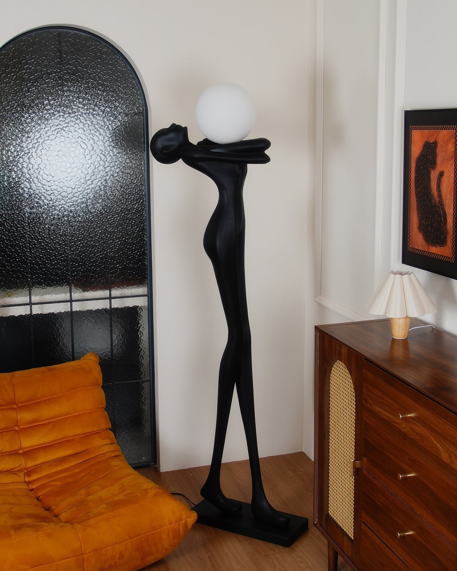 Modern Artistic Figure Floor Lamp with White Glass Globe Sculpture Standing Light