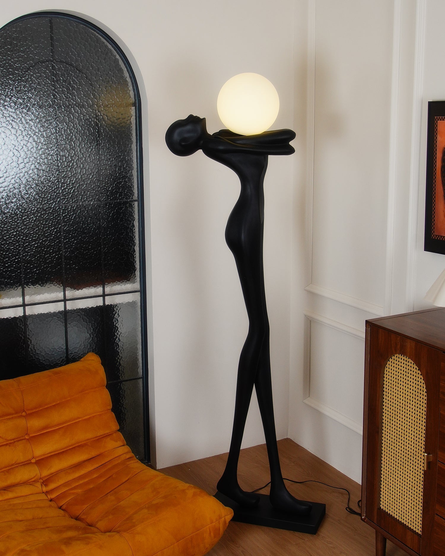 Modern Artistic Figure Floor Lamp with White Glass Globe Sculpture Standing Light