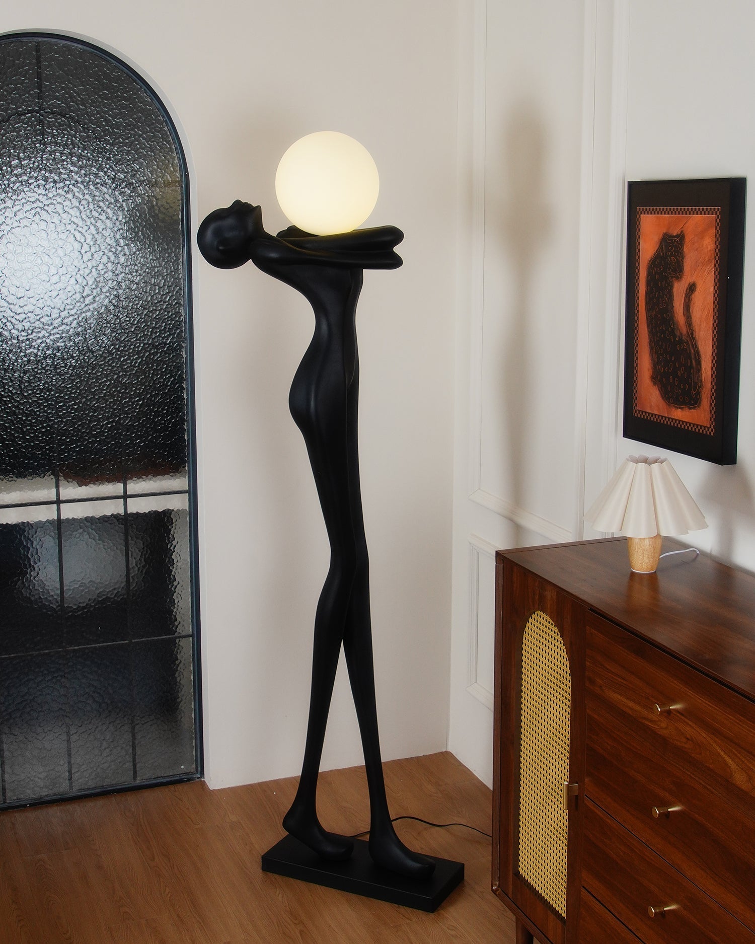 Modern Artistic Figure Floor Lamp with White Glass Globe Sculpture Standing Light