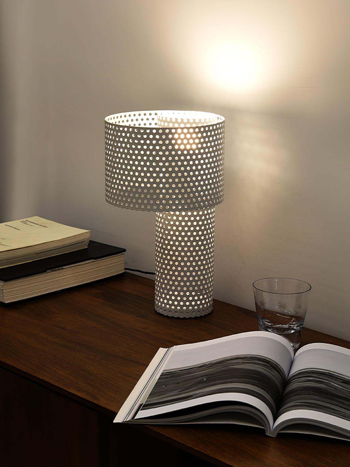 Modern White Perforated Metal Table Lamp Geometric Bedside Desk Light for Contemporary Interiors
