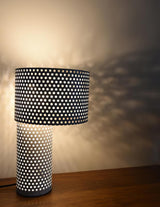 Modern White Perforated Metal Table Lamp Geometric Bedside Desk Light for Contemporary Interiors