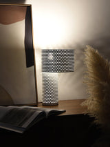 Modern White Perforated Metal Table Lamp Geometric Bedside Desk Light for Contemporary Interiors