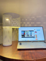 Modern White Perforated Metal Table Lamp Geometric Bedside Desk Light for Contemporary Interiors