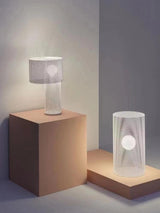 Modern White Perforated Metal Table Lamp Geometric Bedside Desk Light for Contemporary Interiors