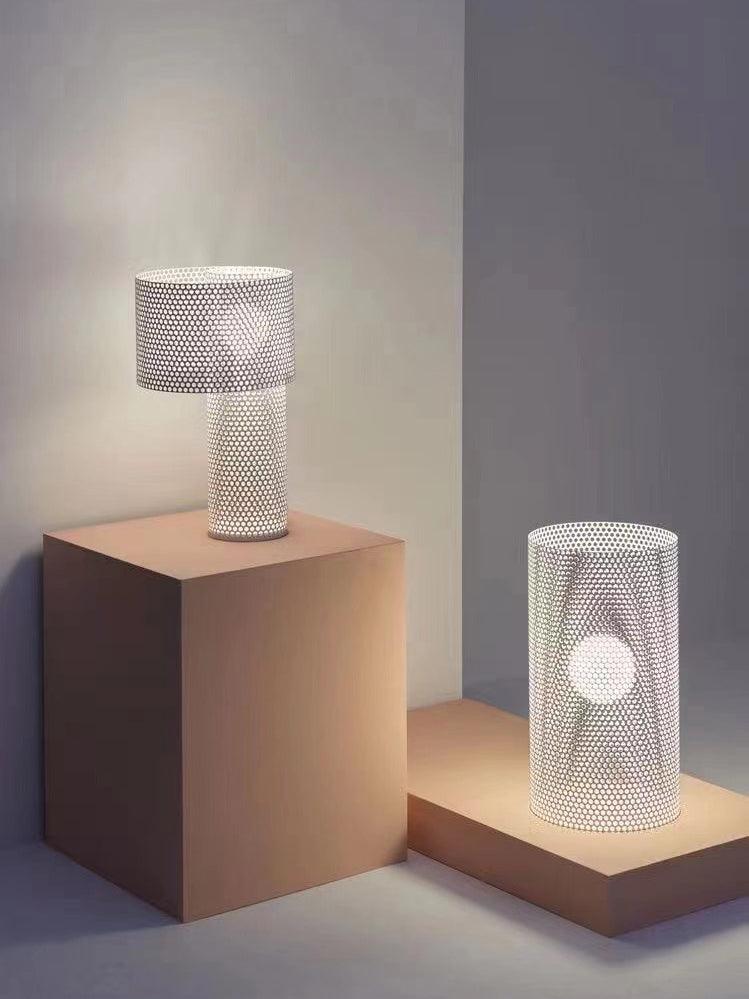 Modern White Perforated Metal Table Lamp Geometric Bedside Desk Light for Contemporary Interiors