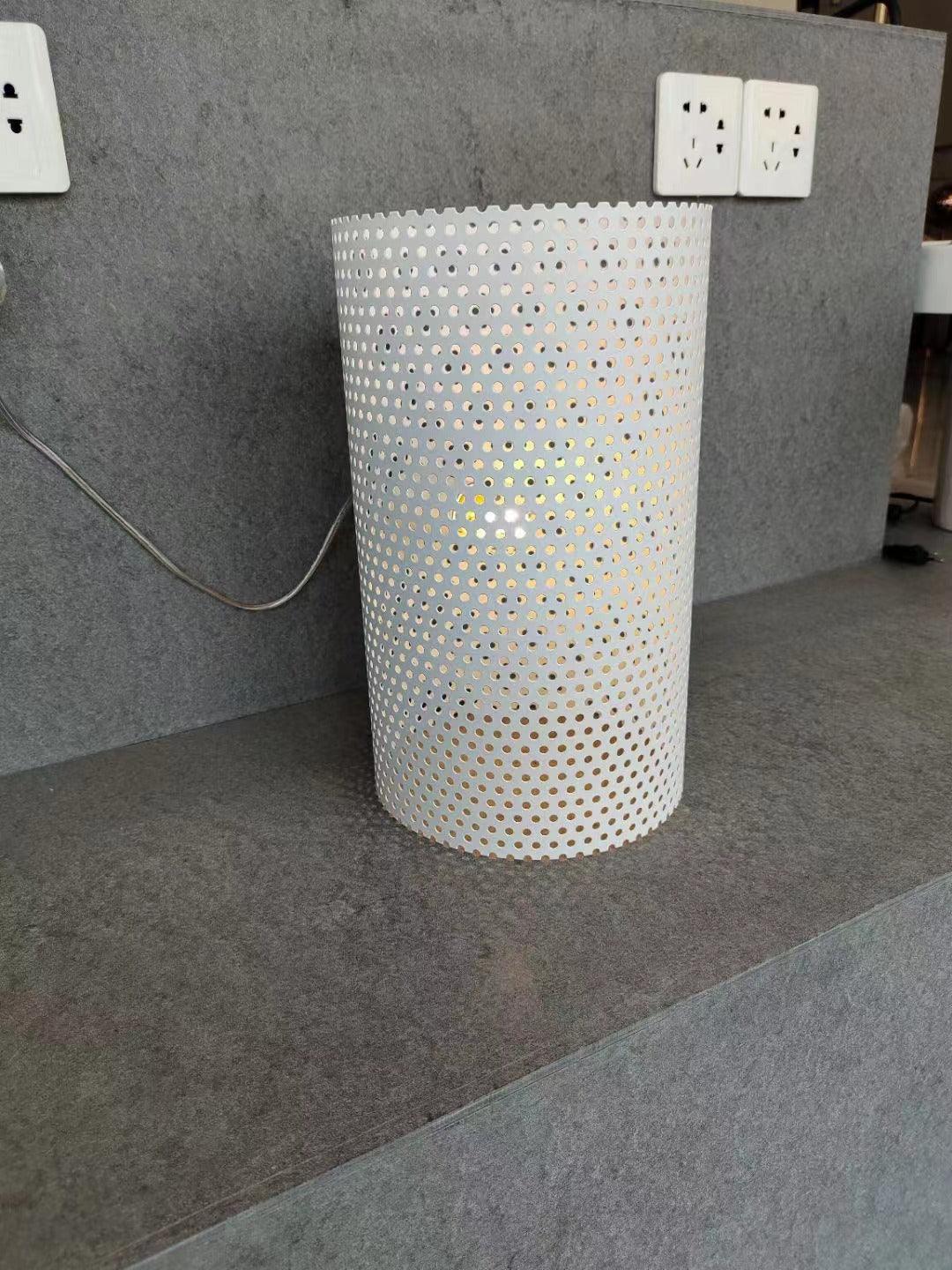 Modern White Perforated Metal Table Lamp Geometric Bedside Desk Light for Contemporary Interiors