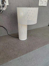 Modern White Perforated Metal Table Lamp Geometric Bedside Desk Light for Contemporary Interiors