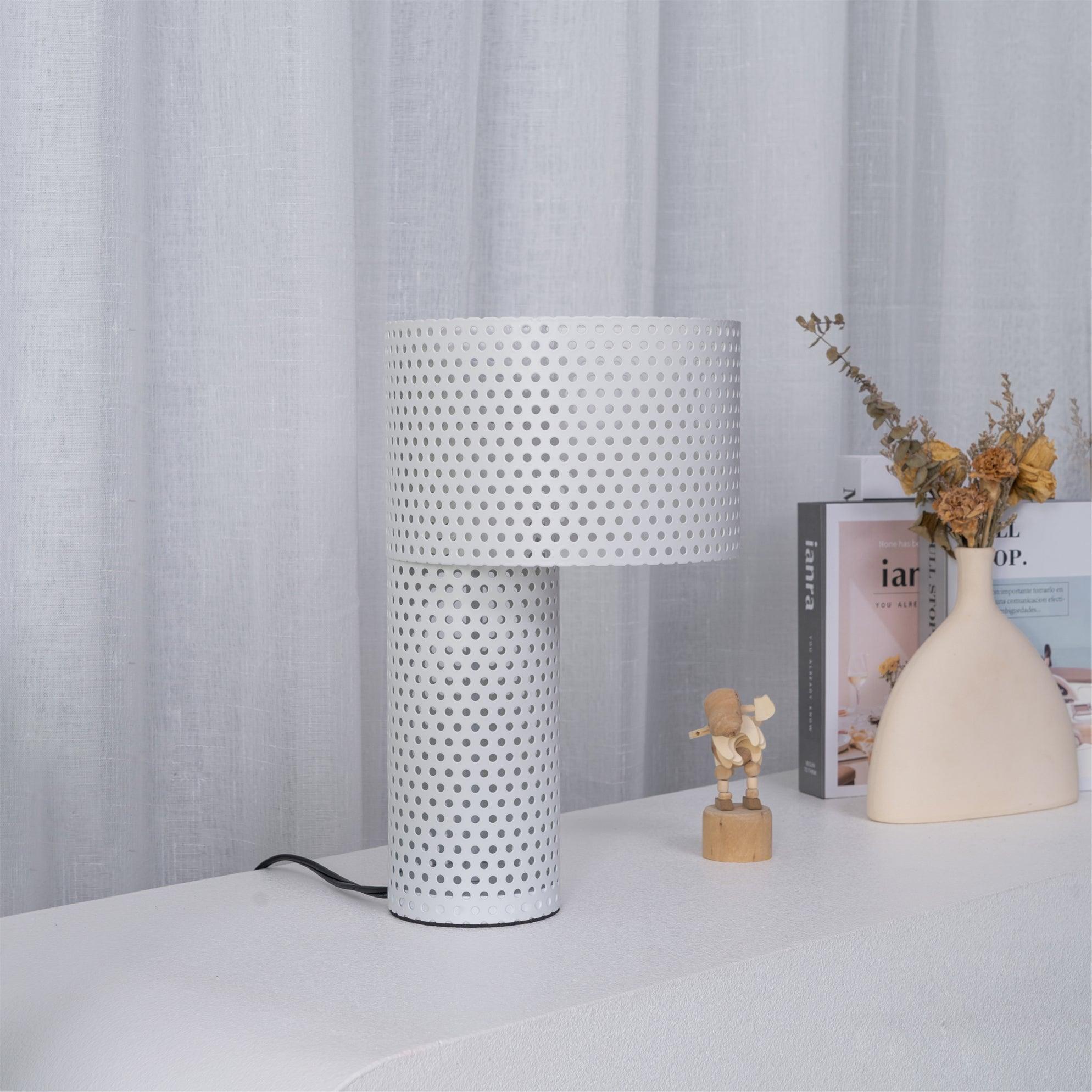 Modern White Perforated Metal Table Lamp Geometric Bedside Desk Light for Contemporary Interiors