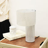 Modern White Perforated Metal Table Lamp Geometric Bedside Desk Light for Contemporary Interiors