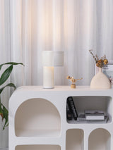 Modern White Perforated Metal Table Lamp Geometric Bedside Desk Light for Contemporary Interiors