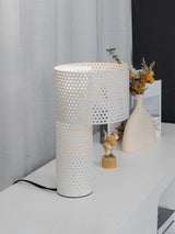 Modern White Perforated Metal Table Lamp Geometric Bedside Desk Light for Contemporary Interiors