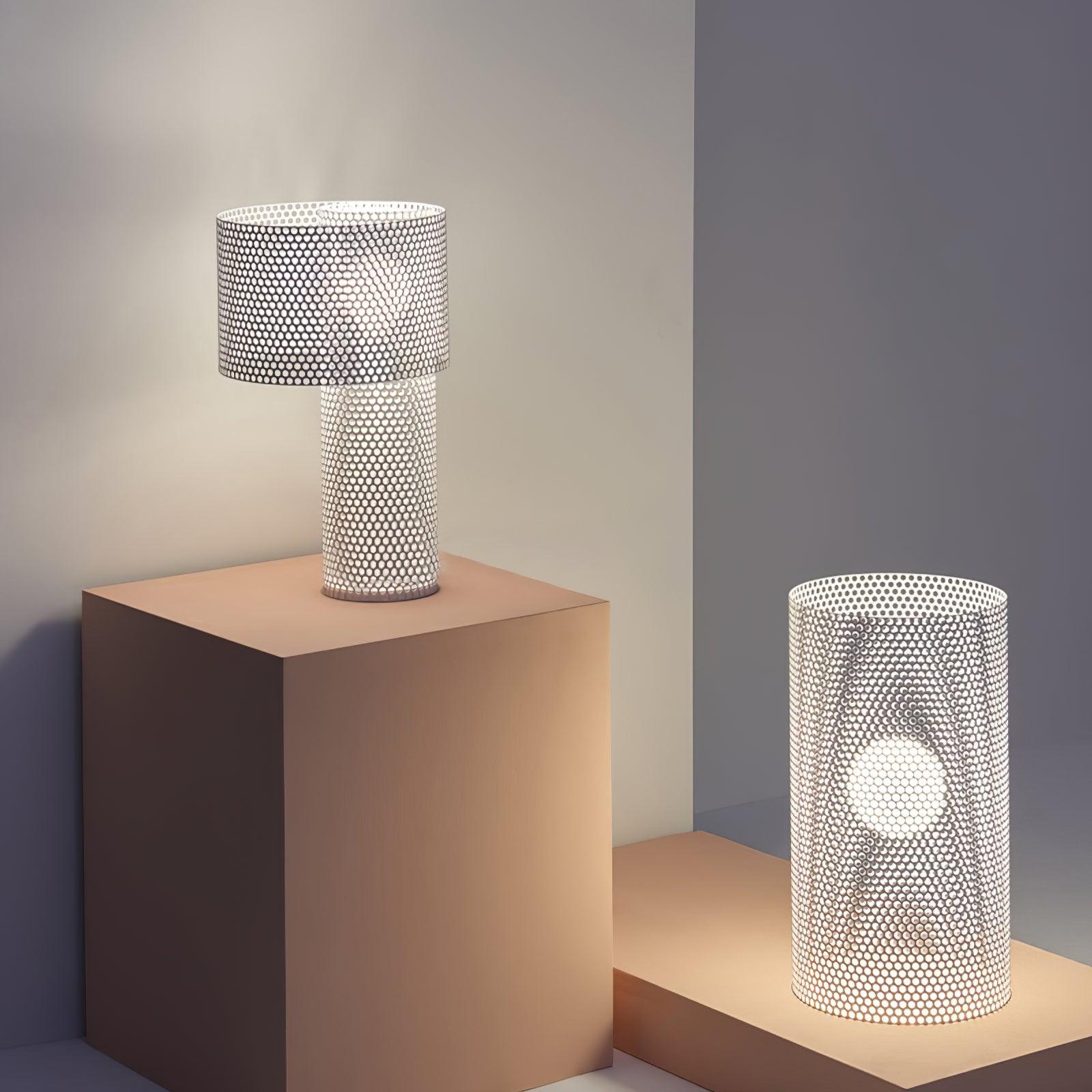 Modern White Perforated Metal Table Lamp Geometric Bedside Desk Light for Contemporary Interiors