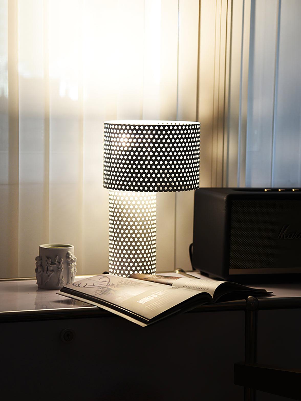 Modern White Perforated Metal Table Lamp Geometric Bedside Desk Light for Contemporary Interiors