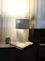 Modern White Perforated Metal Table Lamp Geometric Bedside Desk Light for Contemporary Interiors