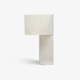 Modern White Perforated Metal Table Lamp Geometric Bedside Desk Light for Contemporary Interiors