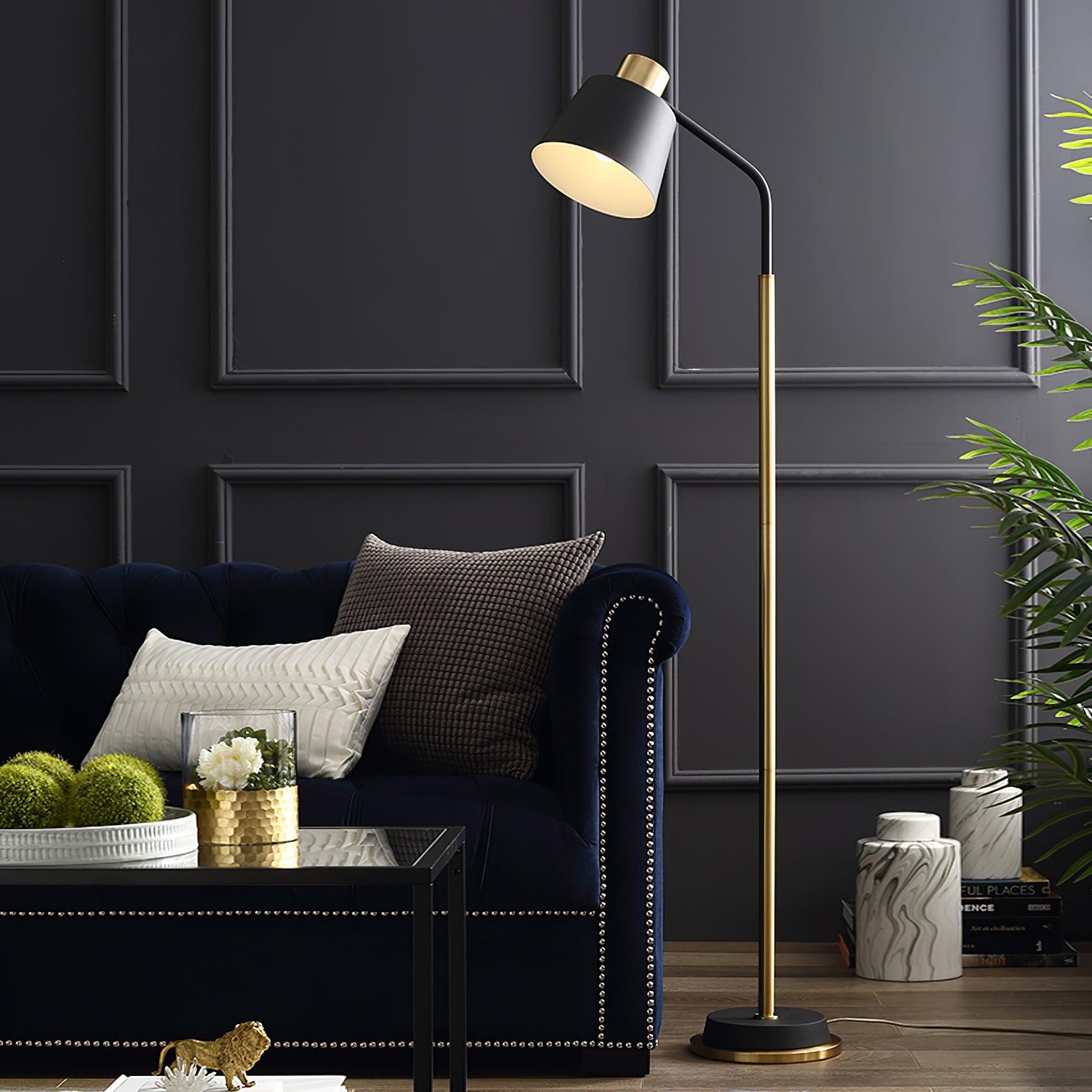 Emmental Mid Century Modern Slender Iron Floor Lamp with Adjustable Shade Gold Finish