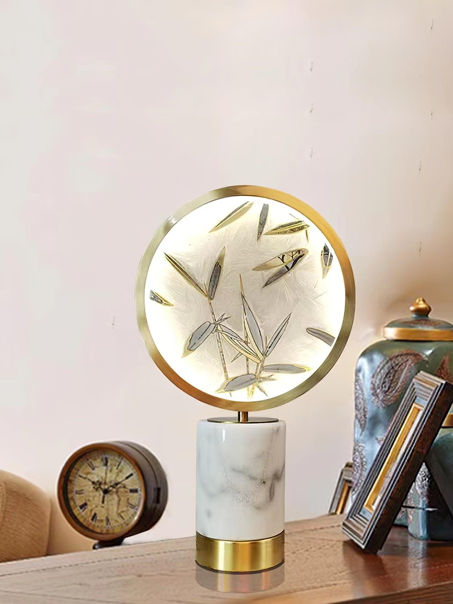 Mid Century Modern Marble and Hand Painted Bamboo Glass Table Lamp for Bedroom and Office
