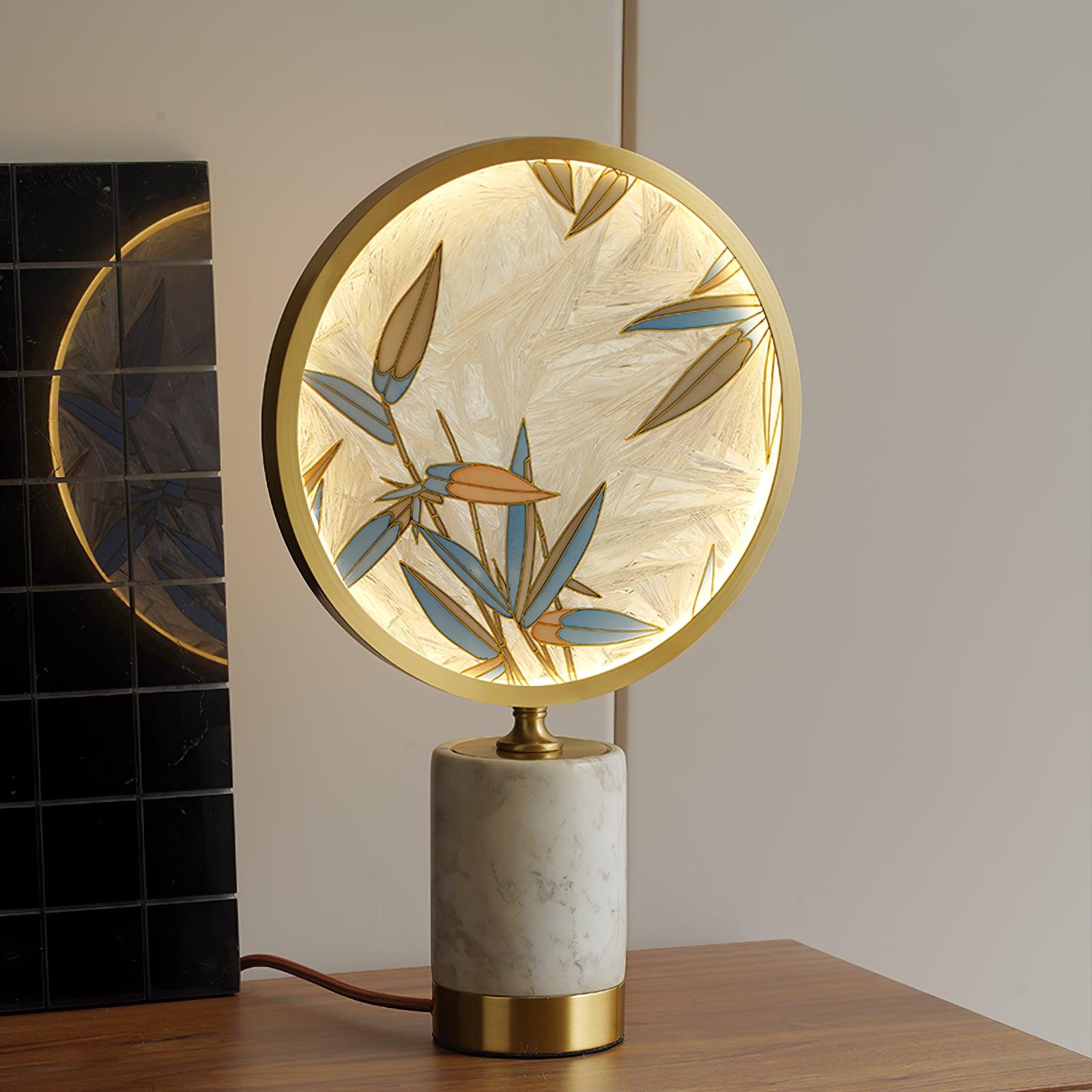 Mid Century Modern Marble and Hand Painted Bamboo Glass Table Lamp for Bedroom and Office