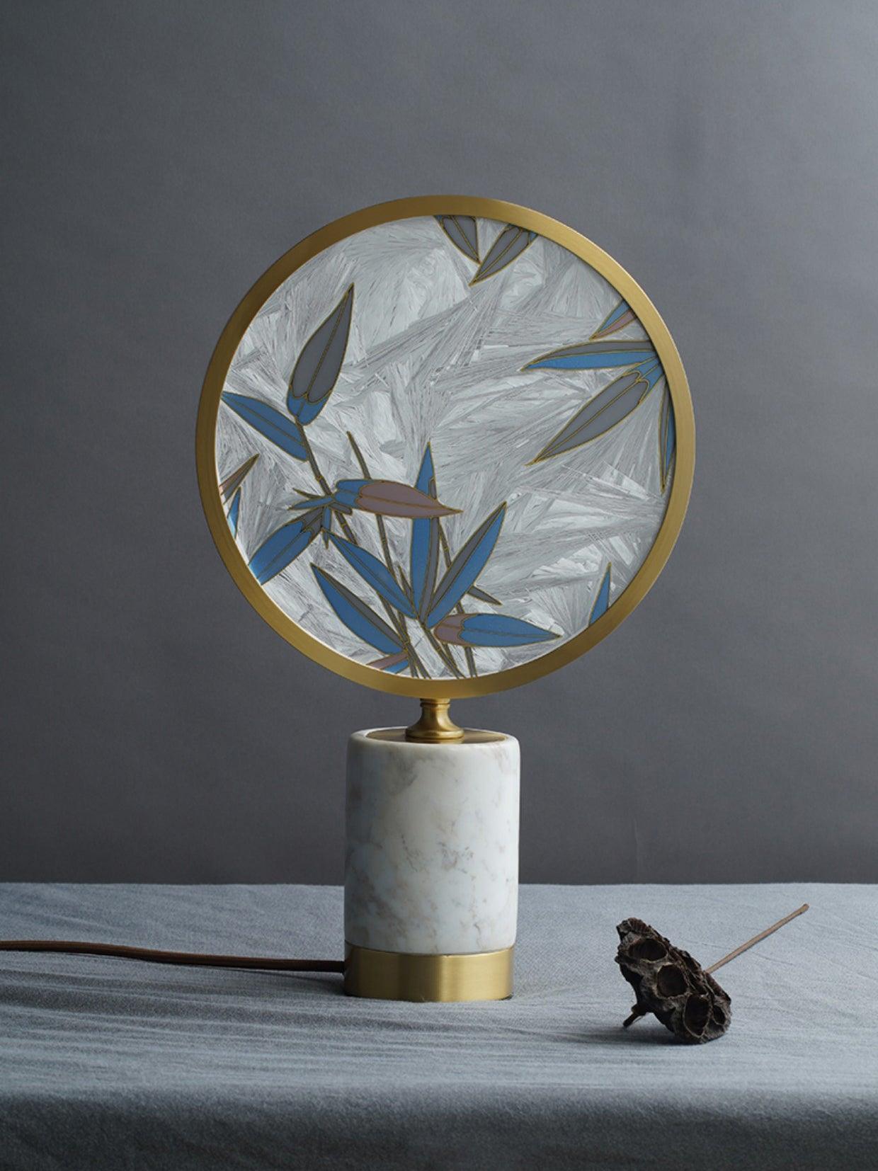 Mid Century Modern Marble and Hand Painted Bamboo Glass Table Lamp for Bedroom and Office