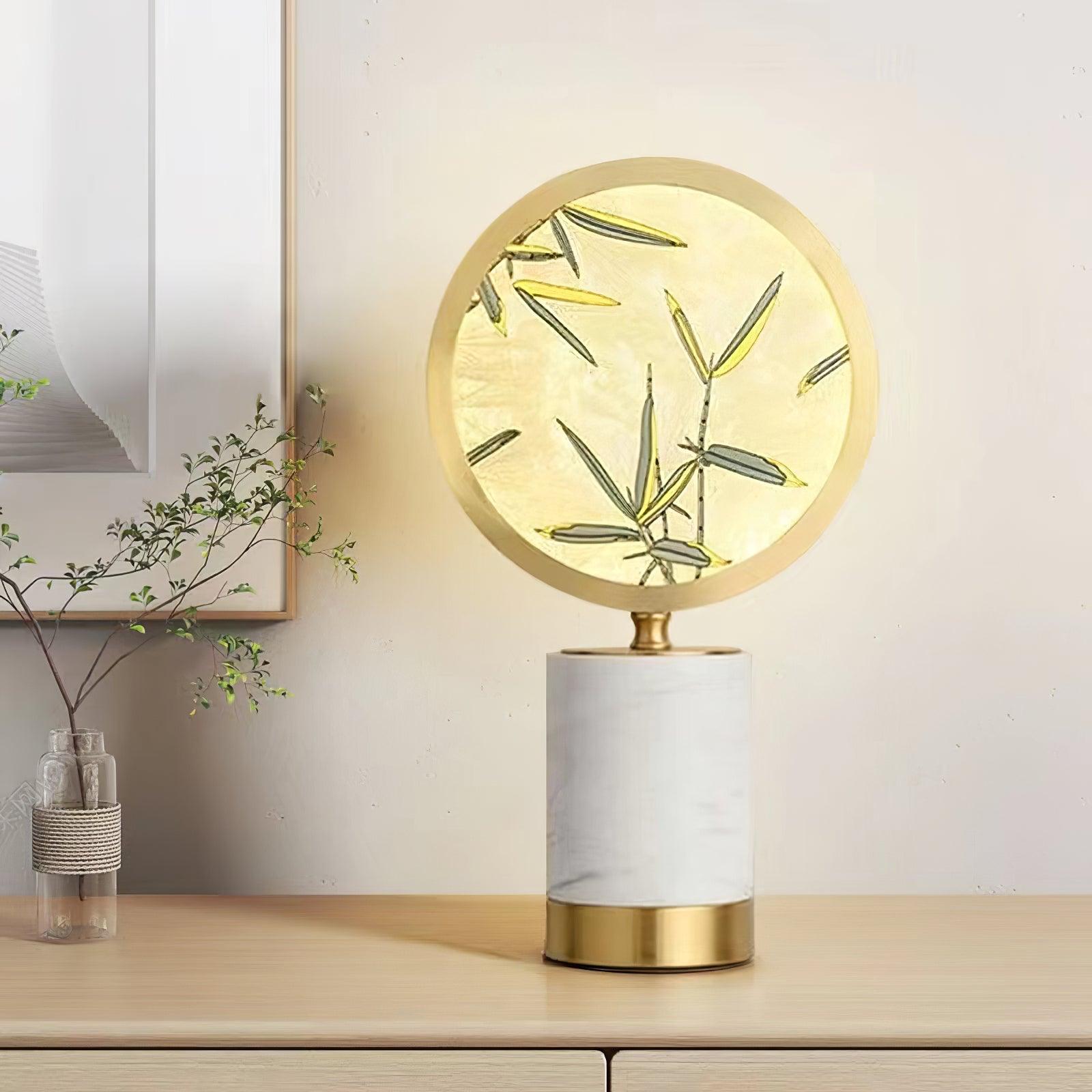 Mid Century Modern Marble and Hand Painted Bamboo Glass Table Lamp for Bedroom and Office