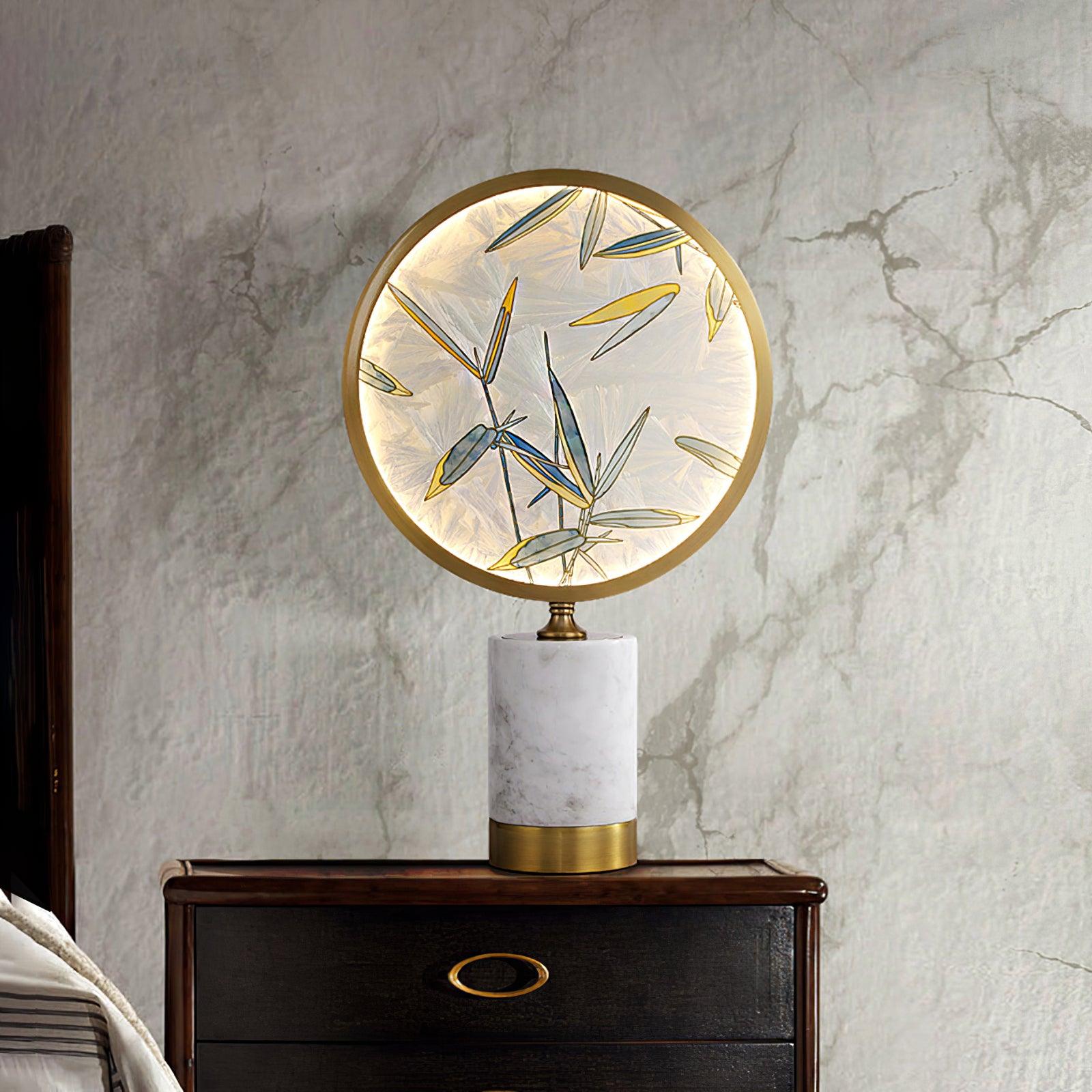 Mid Century Modern Marble and Hand Painted Bamboo Glass Table Lamp for Bedroom and Office