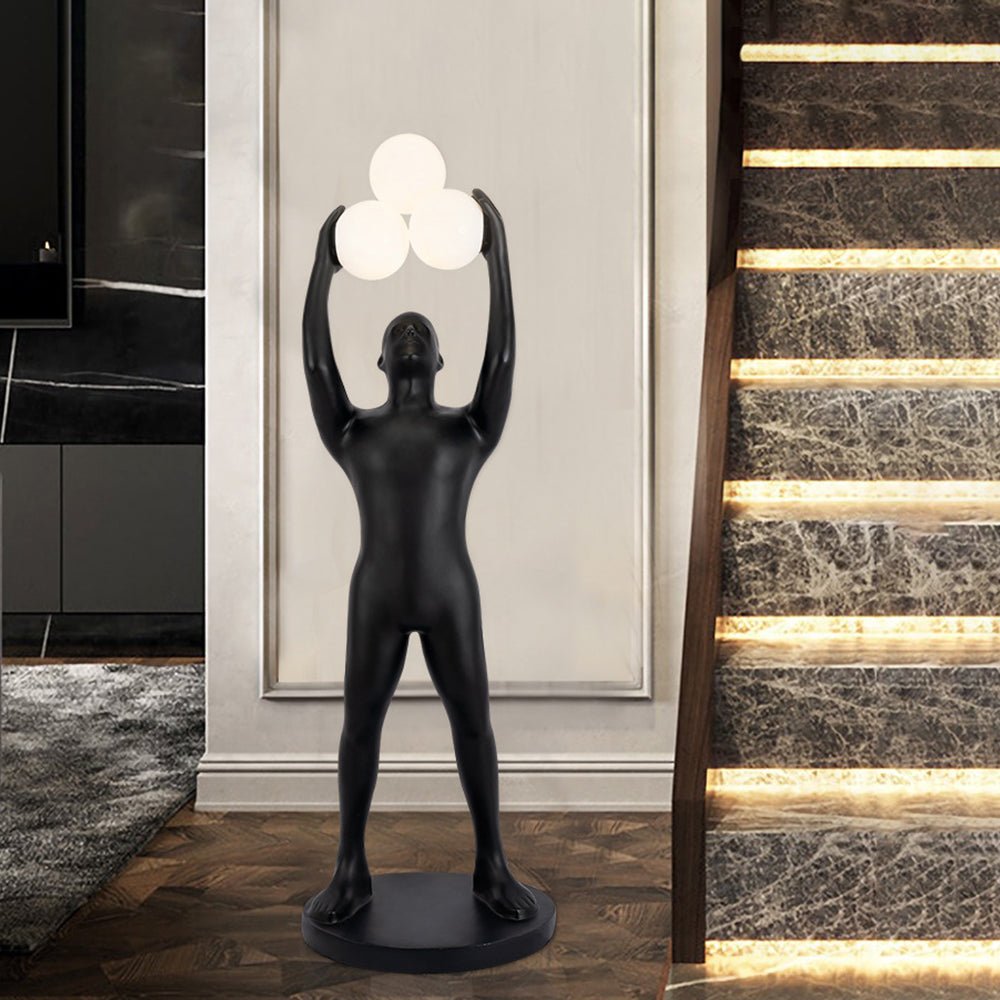 Artistic Humanoid Figure Standing Lamp with Triple Glass Spheres for Modern Living Room